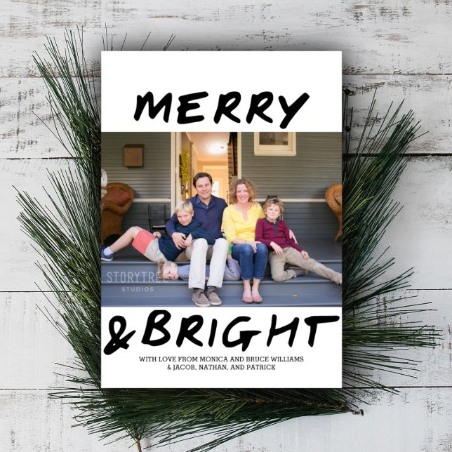 Trendy Merry and Bright Photo Card | Black (Black Merry and Bright Christmas Photo Card)
