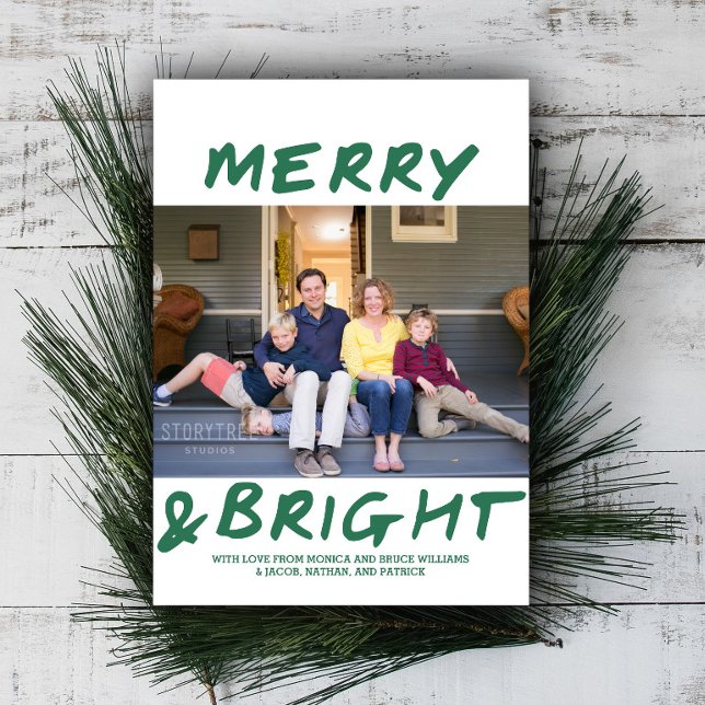 Trendy Merry and Bright Photo Card | Green (Green Merry and Bright Christmas Photo Card)