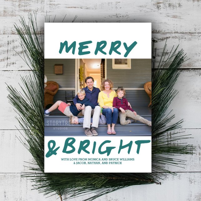 Trendy Merry and Bright Photo Card | Teal (Teal Merry and Bright Christmas Photo Card)
