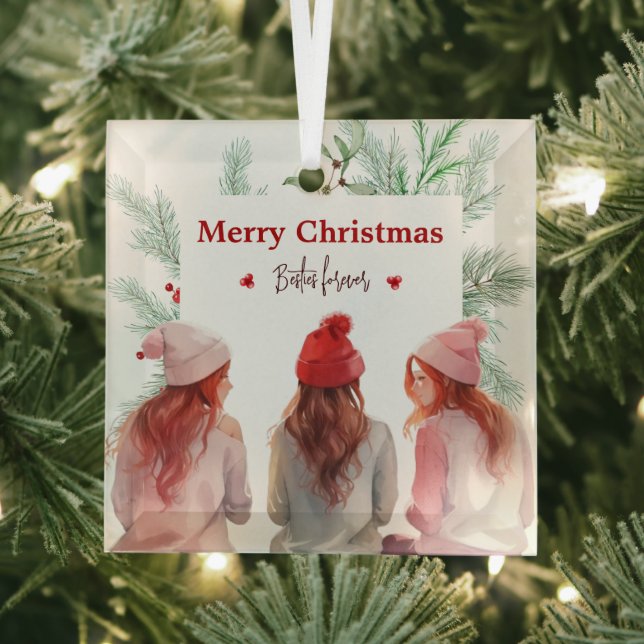 Trendy Merry Christmas Besties Forever Best Friend Glass Tree Decoration (Insitu)