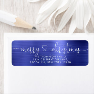 Trendy Merry Christmas Heart Script Metallic Blue