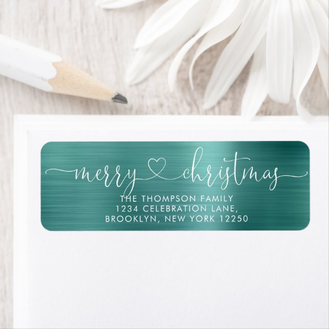 Trendy Merry Christmas Heart Script Metallic Teal (Insitu)