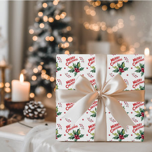 Trendy Merry Christmas Holly and Berries Pattern   Wrapping Paper