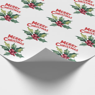 Trendy Merry Christmas Holly and Berries Pattern   Wrapping Paper