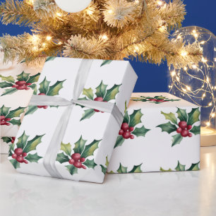 Trendy Merry Christmas Holly and Berries Pattern   Wrapping Paper