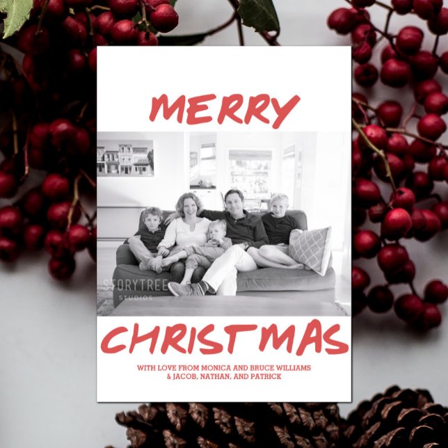 Trendy Merry Christmas Photo Card | Red (Red Trendy Merry Christmas Photo Card)