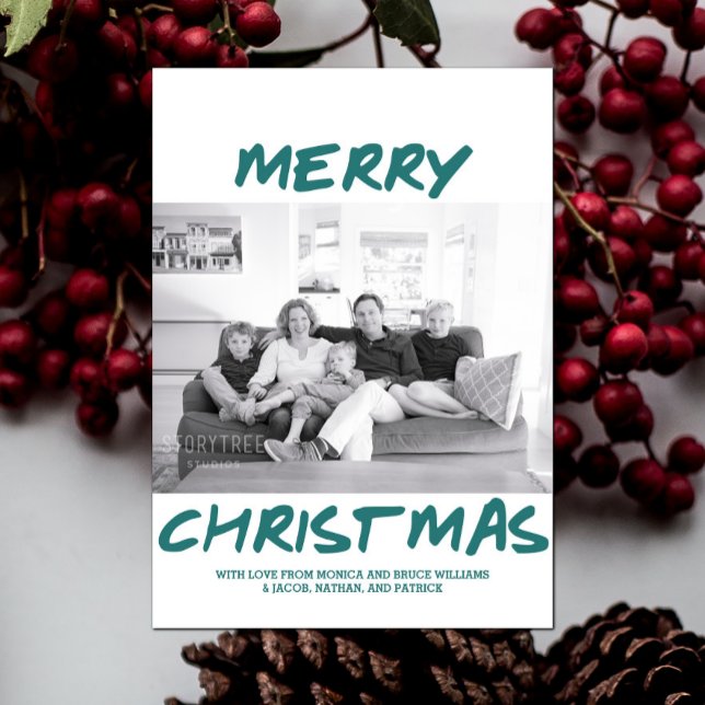 Trendy Merry Christmas Photo Card | Teal (Teal Trendy Merry Christmas Photo Card)