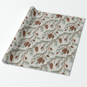 Trendy Merry Christmas Pine Cones and Branches     Wrapping Paper