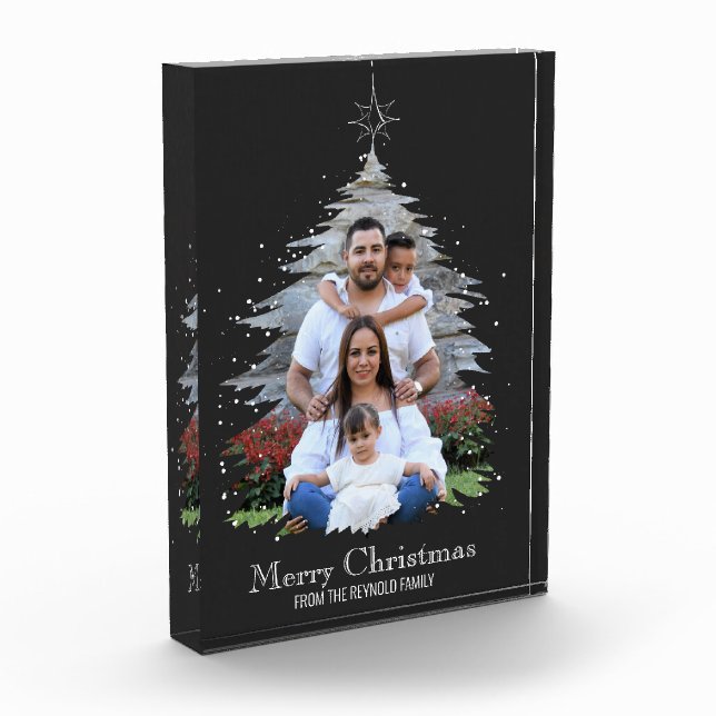 Trendy Merry Christmas Tree Silhouette Photo Grey Block (Left)
