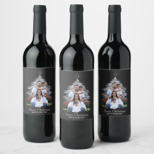 Trendy Merry Christmas Tree Silhouette Photo Grey Wine Label