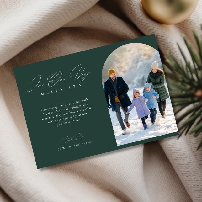 Trendy Merry Era Winter Family Arch Photo Green Holiday Card (Creator Uploaded)