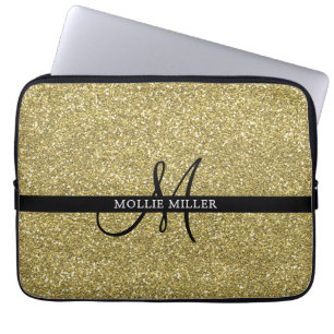 Trendy Metallic Glitter Gold Light Monogrammed Laptop Sleeve