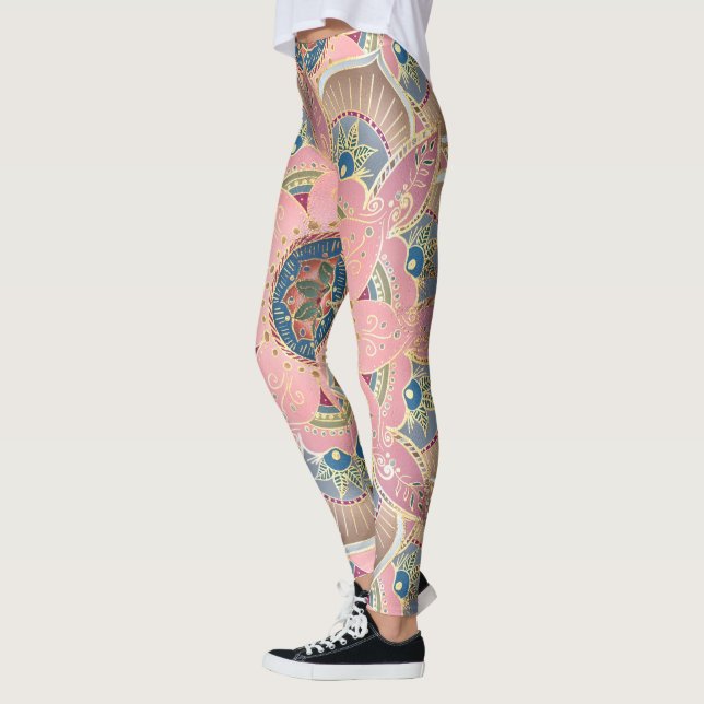 Trendy Metallic Gold and Pink Mandala Design Leggings (Left)