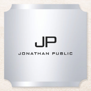 Trendy Metallic Look Faux Silver Monogram Template Paper Coaster