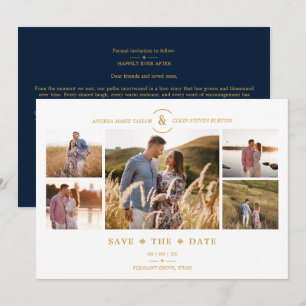 Trendy Minimal Navy/White 5 Multi Photos Collage Save The Date