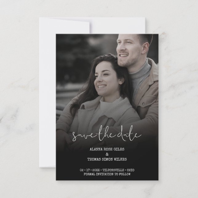 Trendy Minimalist Calligraphy Photo Wedding Couple Save The Date (Front)