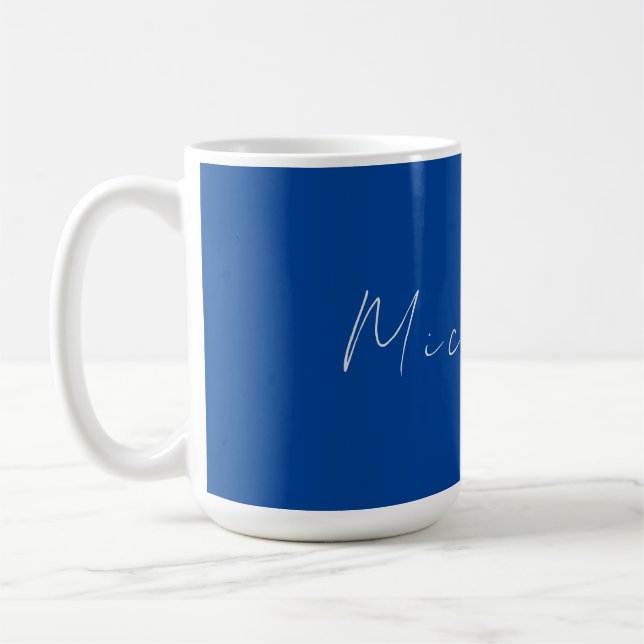 Trendy Minimalist Modern Handwritten Blue Coffee Mug (Left)