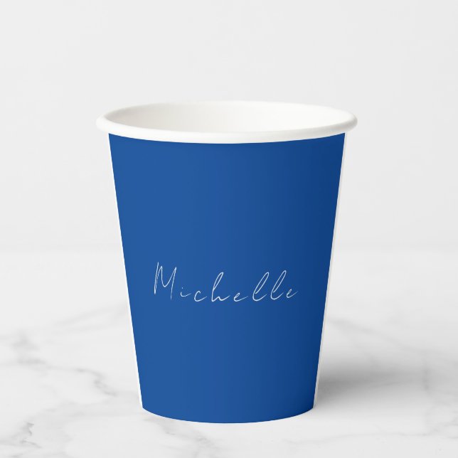 Trendy Minimalist Modern Handwritten Blue Paper Cups (Front)