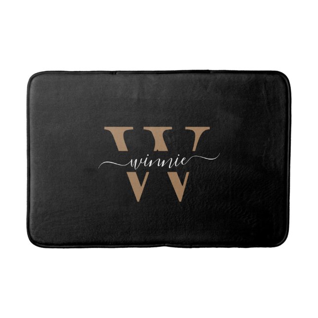 Trendy Minimalist Monogram Black Gold Script Name  Bath Mat (Front)