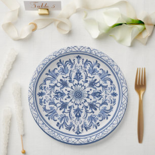 Trendy minimalist vintage Blue White chinoiserie Paper Plate