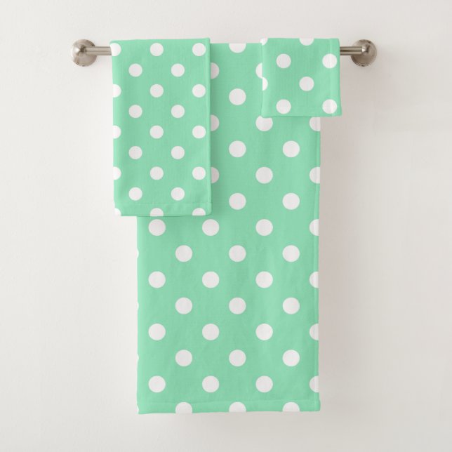 Trendy Mint Green And White Dots Modern Elegant Bath Towel Set (Insitu)