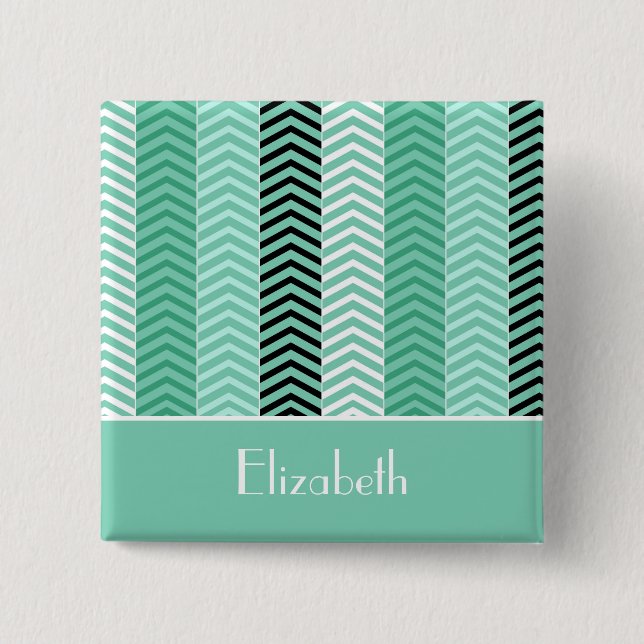 Trendy Mint Green Chevron Stripes With Name 15 Cm Square Badge (Front)