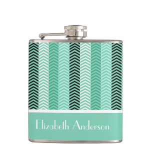 Trendy Mint Green Chevron Stripes With Name Hip Flask