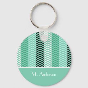 Trendy Mint Green Chevron Stripes With Name Key Ring