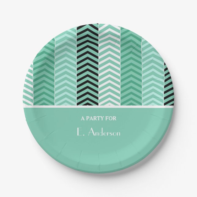 Trendy Mint Green Chevron Stripes With Name Paper Plate (Front)