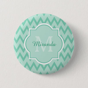 Trendy Mint Green Chevron Zigzag Name and Monogram 6 Cm Round Badge