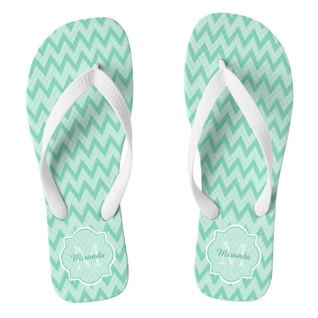 Trendy Mint Green Chevron Zigzag Name and Monogram Jandals (Footbed)