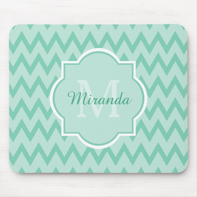 Trendy Mint Green Chevron Zigzag Name and Monogram Mouse Pad (Front)