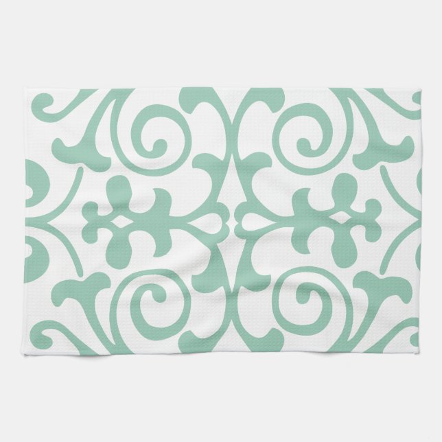 Trendy Mint Green Damask Pattern Tea Towel (Horizontal)