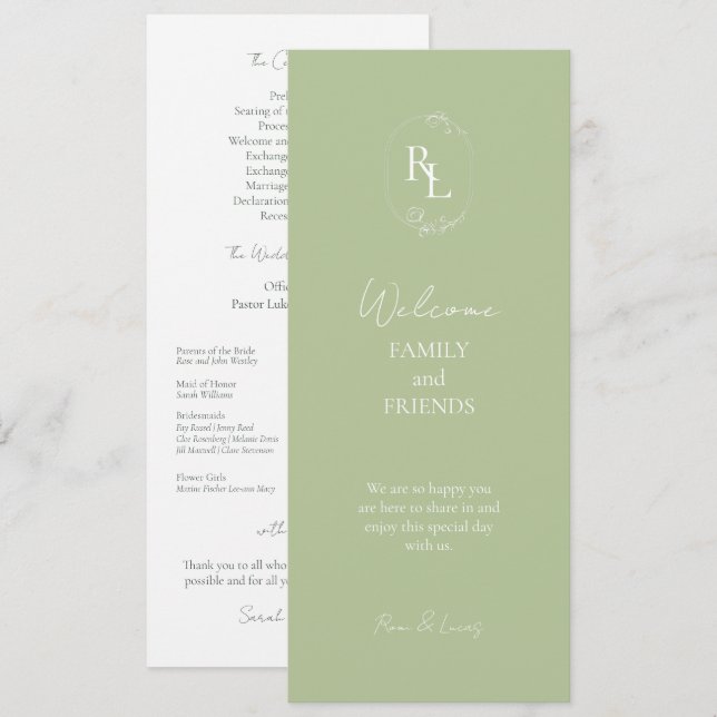 Trendy Mint Green Monogrammed Initials Wedding Programme (Front/Back)