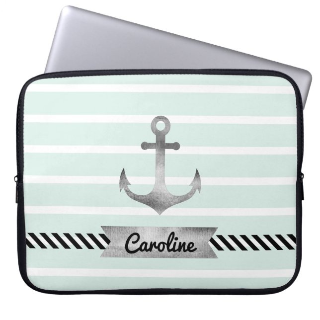 Trendy Mint Green Stripes Nautical Anchor Custom Laptop Sleeve (Front)
