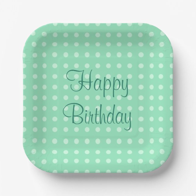 Trendy Mint Green Template Happy Birthday Text Dot Paper Plate (Front)