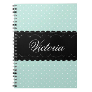 Trendy Mint Polka Dots Black Custom Name Design Spiral Notebook