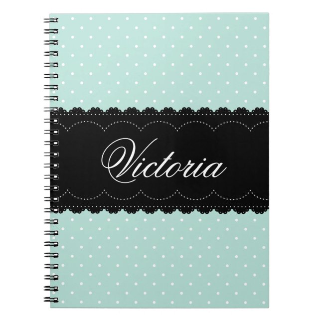 Trendy Mint Polka Dots Black Custom Name Design Spiral Notebook (Front)