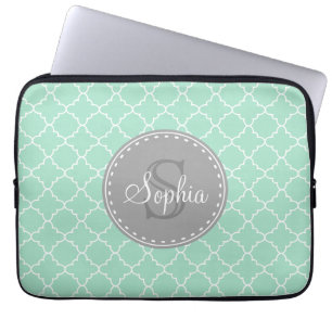 Trendy Mint Trellis Pattern Grey Monogram Laptop Sleeve