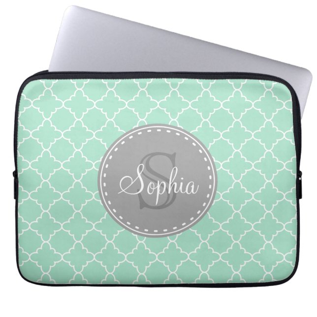 Trendy Mint Trellis Pattern Grey Monogram Laptop Sleeve (Front)
