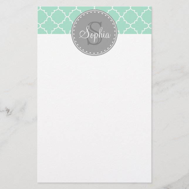 Trendy Mint Trellis Pattern Grey Monogram Stationery (Front)