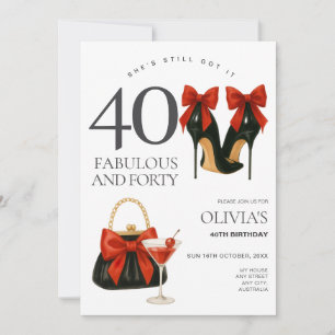 Trendy Modern 40th Black & Red Birthday Party Invitation