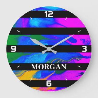 Trendy Modern Abstract, Black Lines, White Name Large Clock