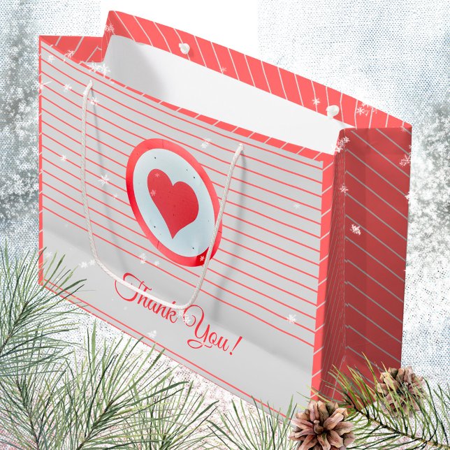 Trendy  Modern Big Red Heart Striped Thank You Large Gift Bag (Trendy Modern Big Red Heart Striped Thank You Large Gift Bag ©Susanne Sachers - Sunny Mind Design 🌞)