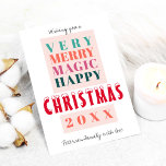 Trendy modern big typography Christmas greetings Holiday Card<br><div class="desc">Bold typography script and a warm orange, teal blue, hunter green, pink and red colour palette making a modern contemporary style Christmas family or business corporate greeting non photo card. Personalise it with your text and signature in a hand lettered handwritten script! The card has a light pink blush colour...</div>