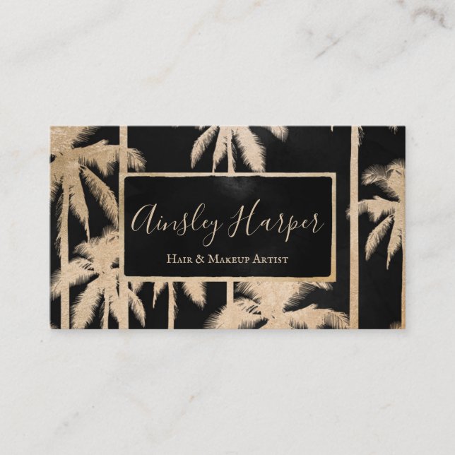Trendy Modern Black Gold Palm Trees  Professional Business Card (Front)