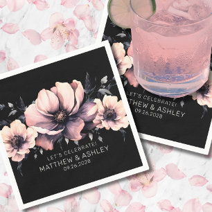 Trendy Modern Black Pink Floral Wedding Napkin