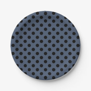 Trendy Modern Black Polka Dots on Blue Jeans Blue Paper Plate