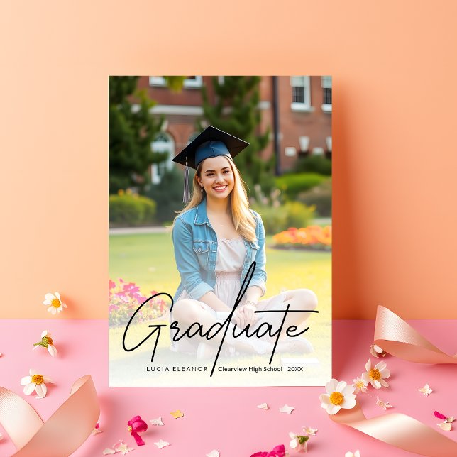 Trendy Modern Black Script Two Photo Graduation Announcement (Creator Uploaded)