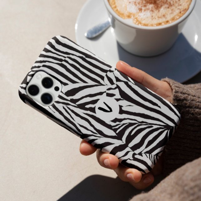 Trendy Modern Black White Zebra Motif  Case-Mate iPhone Case (The trendy and modern black white zebra with monogram custom unique on your phone case)